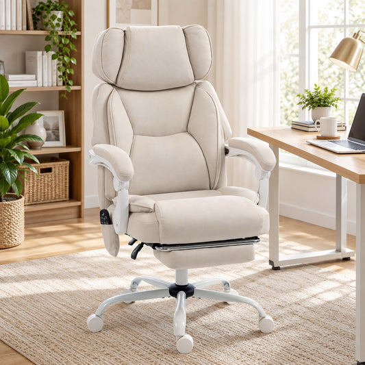 HOMCOM Office Chair with Massage, Heat, Adjustable Headrest, Leathaire Reclining Desk Chair with Footrest, Cream White