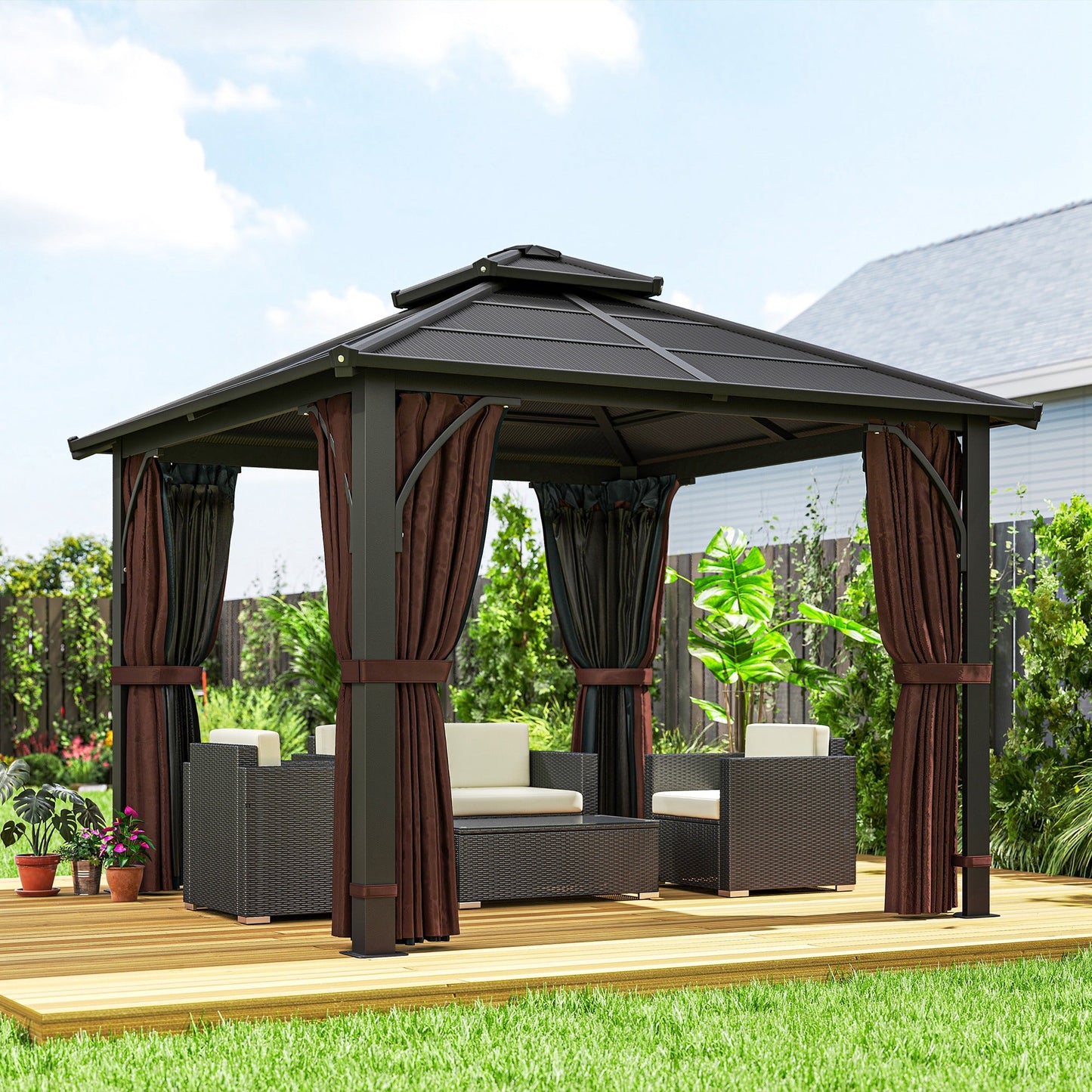 Outsunny 3 x 3(m) Hardtop Gazebo Canopy z 7mm podwójnym dachem z poliwęglanu, stały pawilon ogrodowy z moskitierą i zasłonami na patio, taras, brązowy