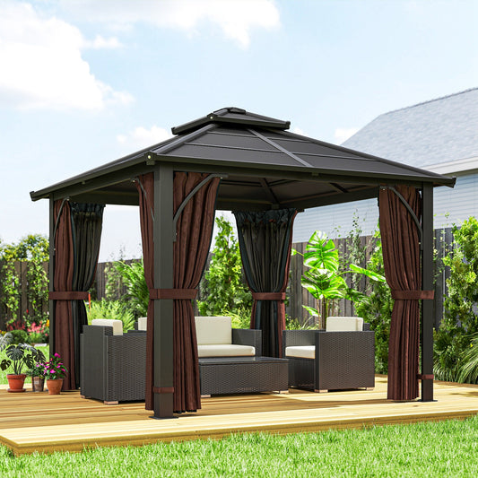 Outsunny 3 x 3(m) Hardtop Gazebo Canopy with 7mm Double Polycarbonate Roof, Garden Gazebo Permanent Pavilion with Mosquito Netting and Curtains for Patio, Deck, Brown