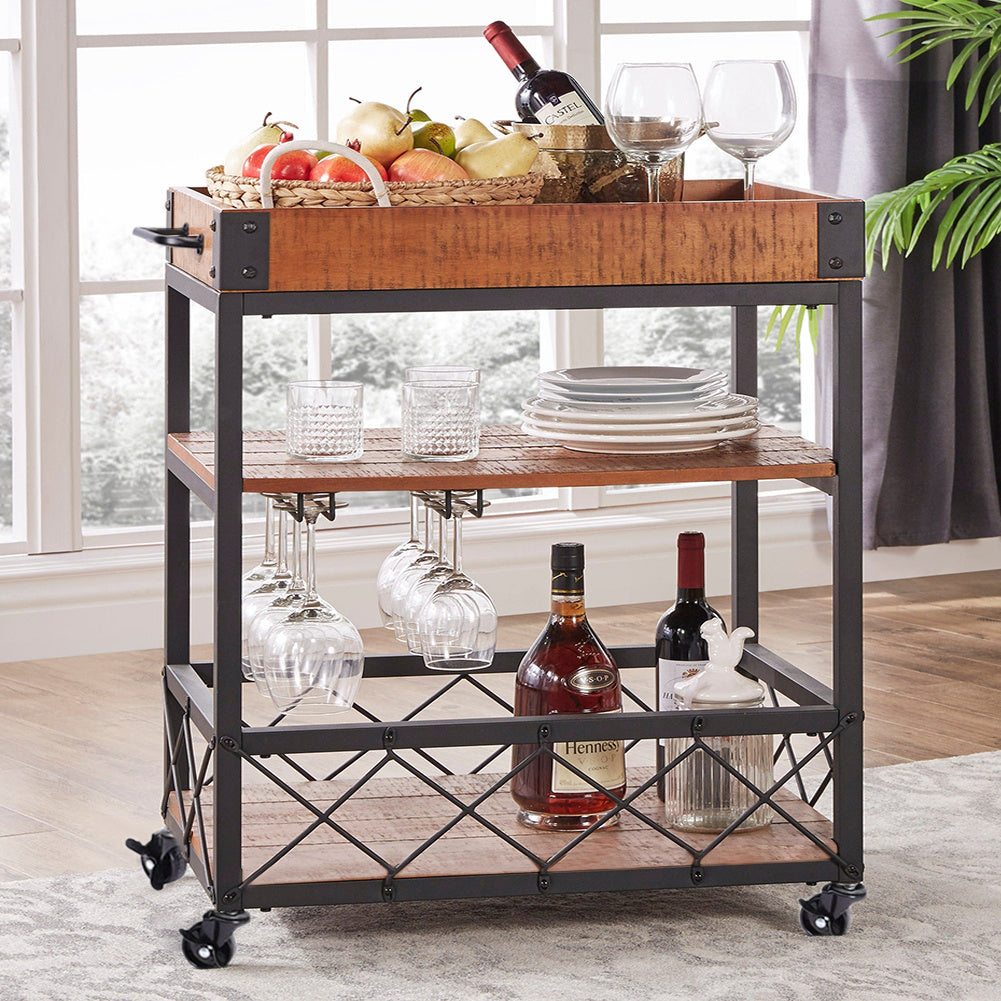 Quality Fir Wood Kitchen RollingTrolley with 3 Tiers Work Shelf