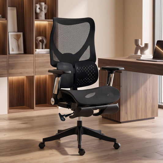 HOMCOM Ergonomic Office Chair with Lumbar Support, Mesh Reclining Desk Chair with Footrest, Adjustable High Back, Black