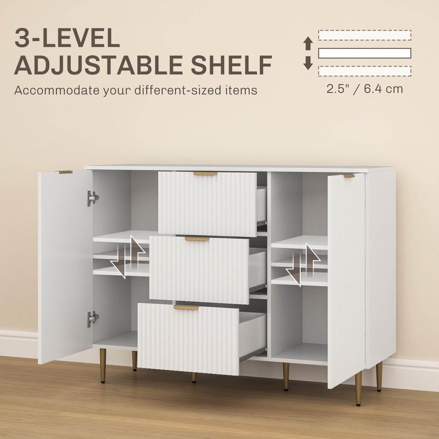 HOMCOM 2-Door Sideboard with 3 Drawers and Adjustable Shelves - White
