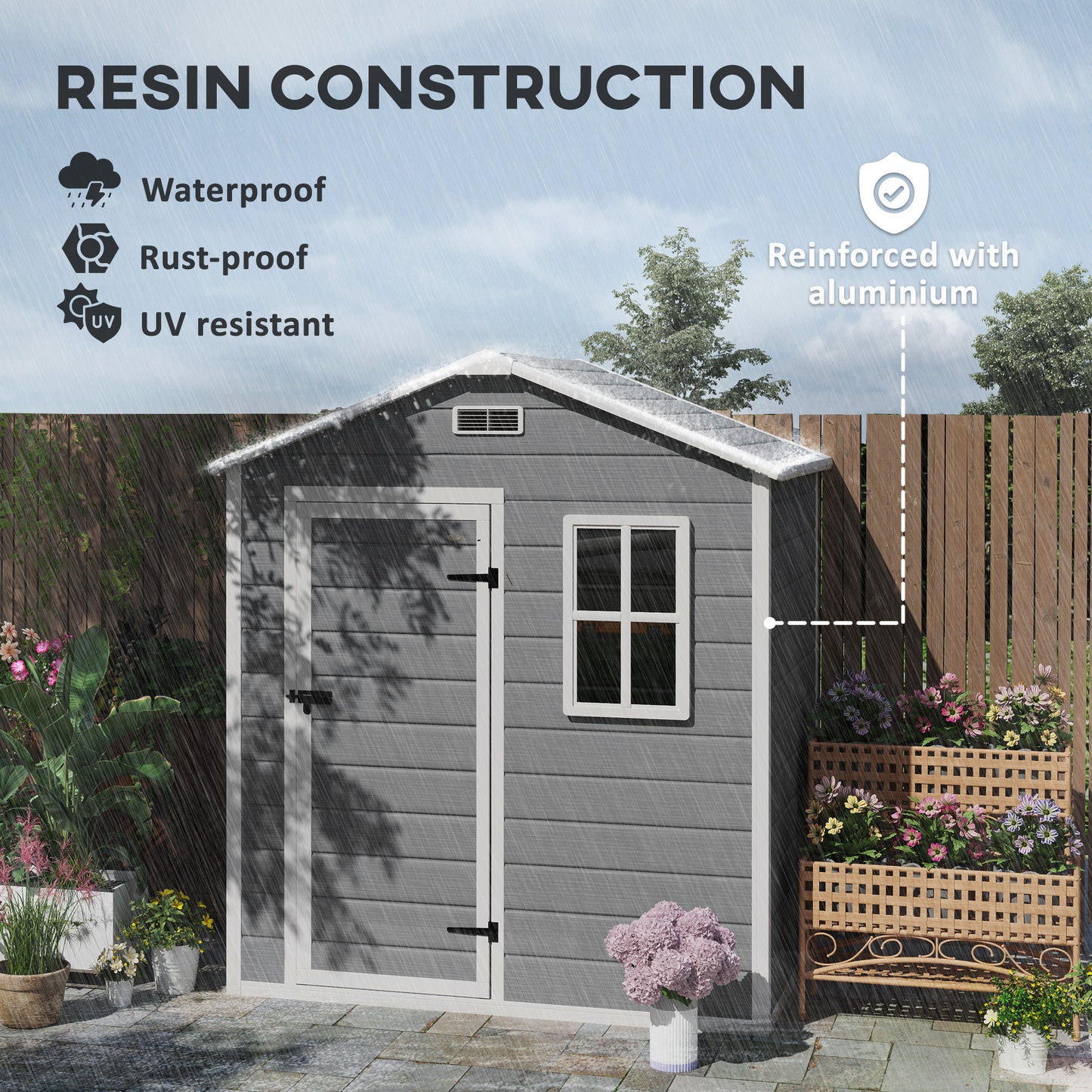 Outsunny 6 x 4ft Garden Shed, plastikowa szopa z podłogą, oknem, zamykanymi drzwiami i otworami wentylacyjnymi, imitacja drewna, szopa narzędziowa z żywicy na zewnątrz, szara