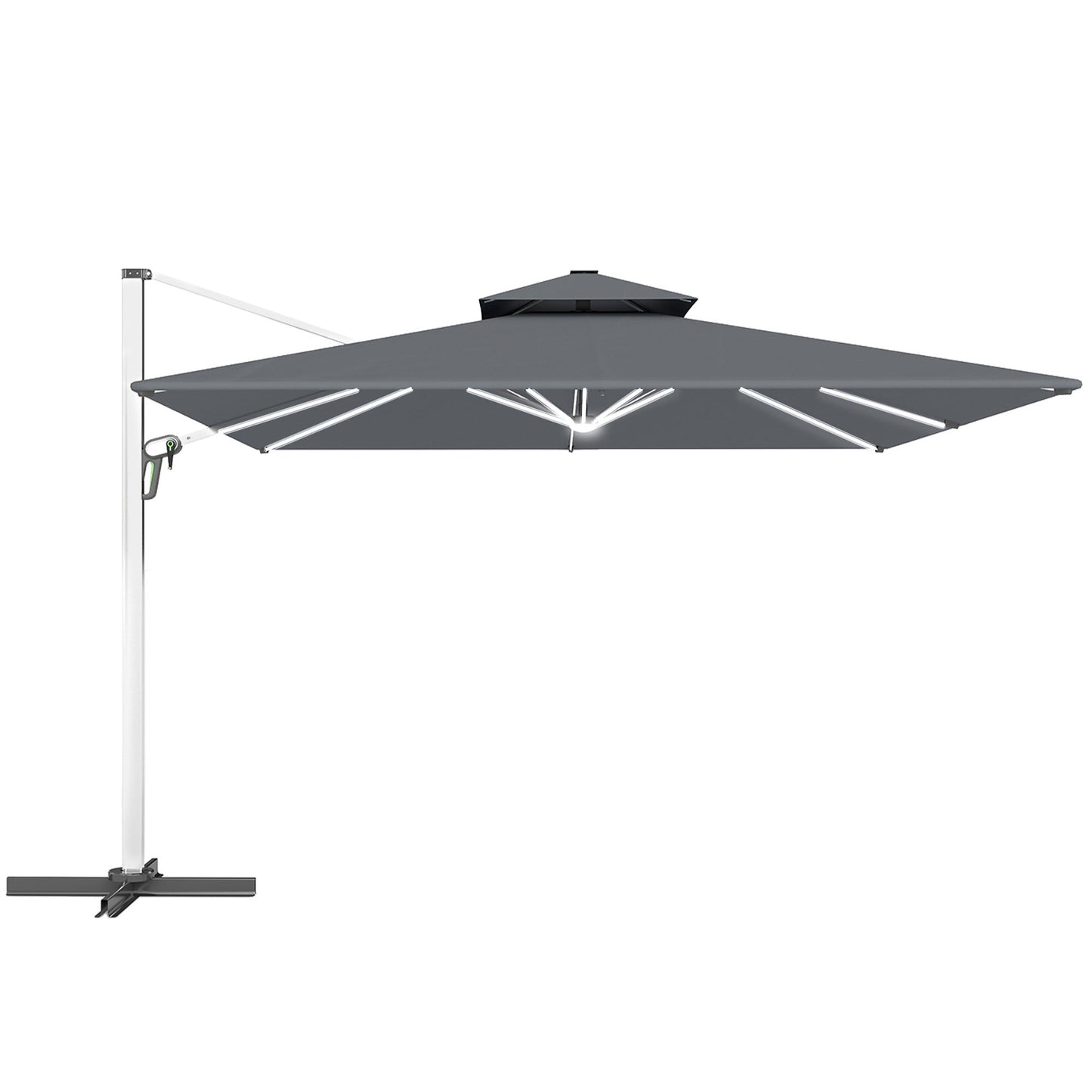 Outsunny 3(m) Parasol ogrodowy z wysięgnikiem i lampami LED zasilanymi energią słoneczną, podstawa krzyżowa, obrót 360√Ǭ∞, korba i pochylenie, szary