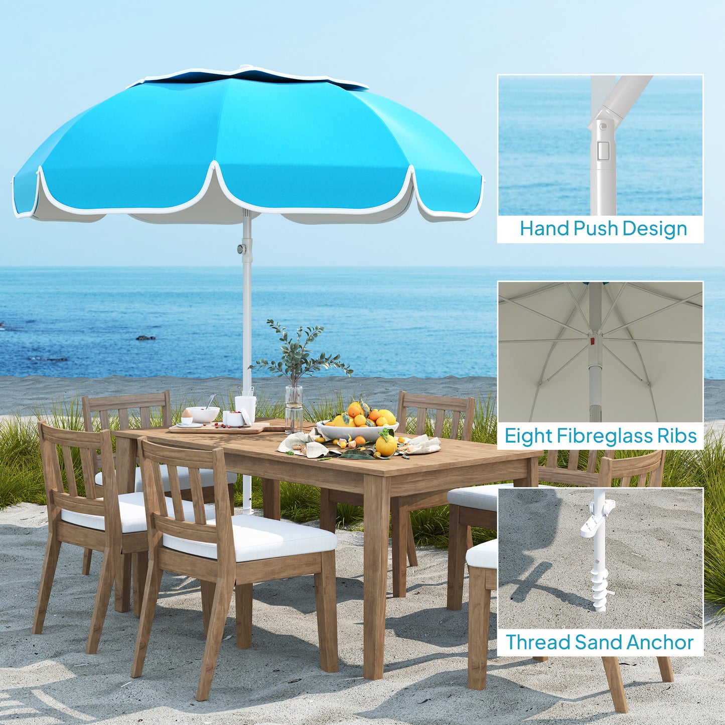 Outsunny Parasol plażowy przenośny z kotwicą piaskową, torba transportowa, regulowana wysokość i nachylenie, ochrona UV UPF50+, niebieski