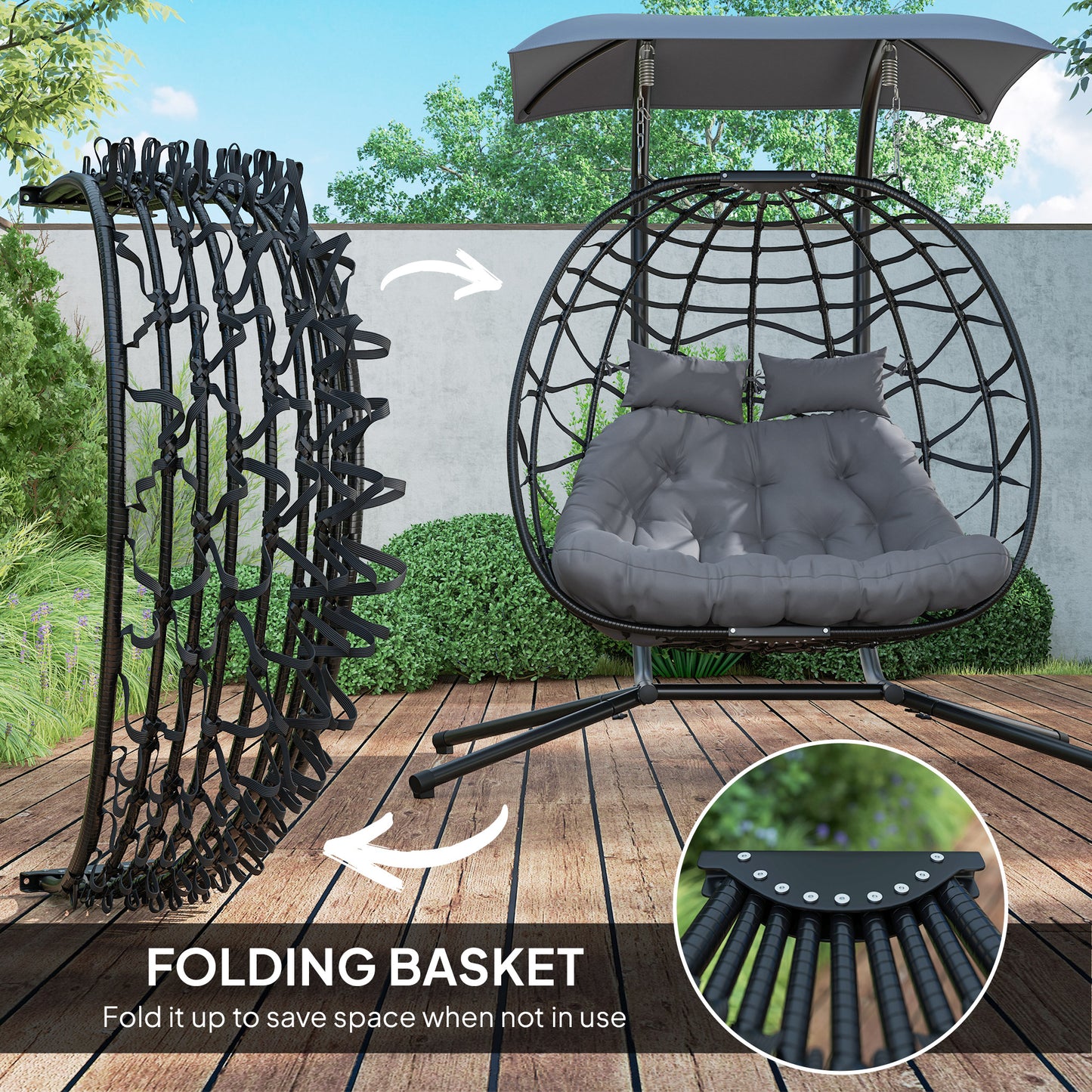 Outsunny Rattan Double Hanging Egg Chair z baldachimem, składany wiklinowy fotel hamakowy Egg z poduszką, poduszkami pod głowę, stojakiem, stalową ramą, fotelem hamakowym do wewnątrz i na zewnątrz, nośność 260 kg, czarny