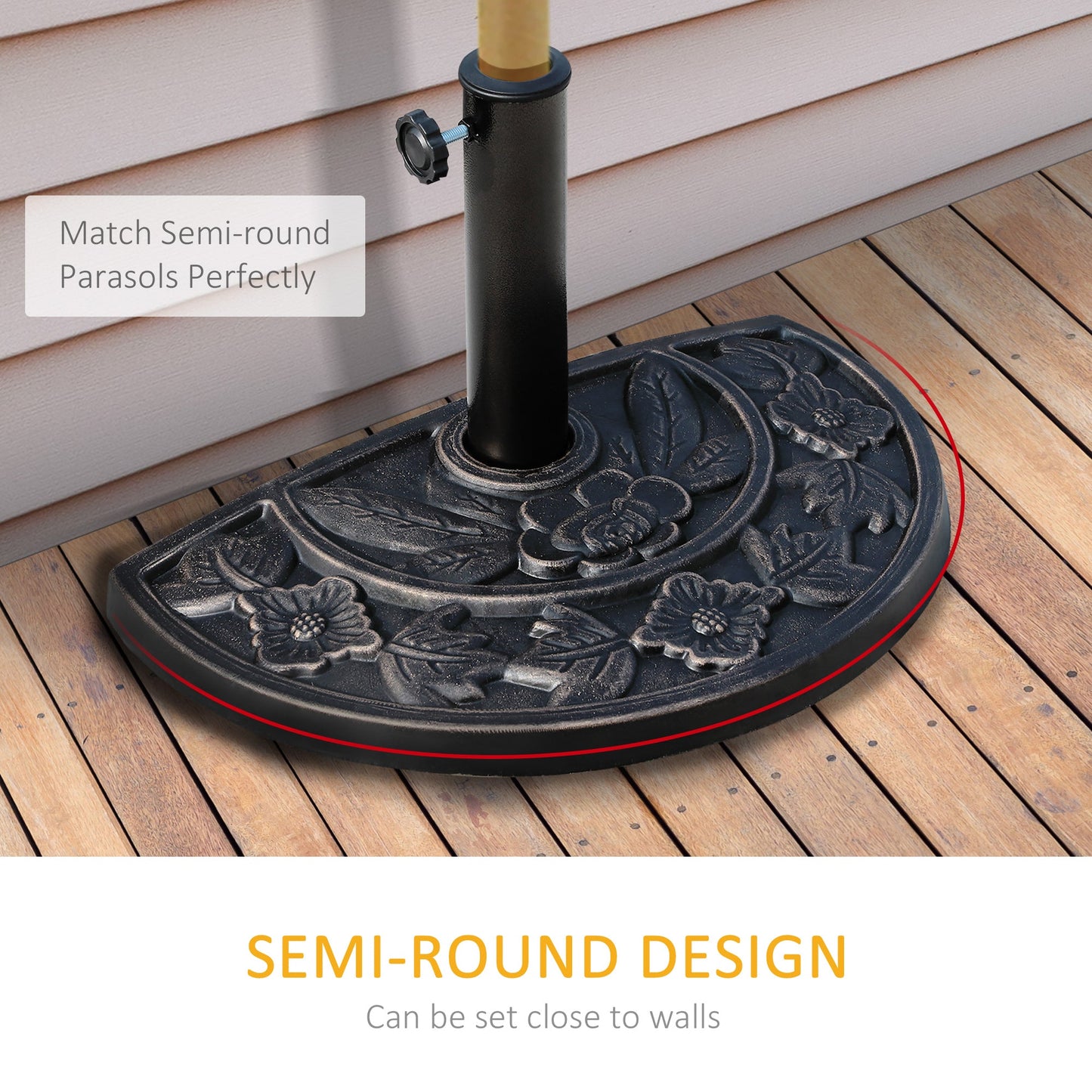 Outsunny 9kg Resin Parasol Base, Half Round Umbrella Stand with Floral Design for Garden, Outdoor, Suitable Umbrella Rod: â3.8cm, â4.8cm, Bronze Tone
