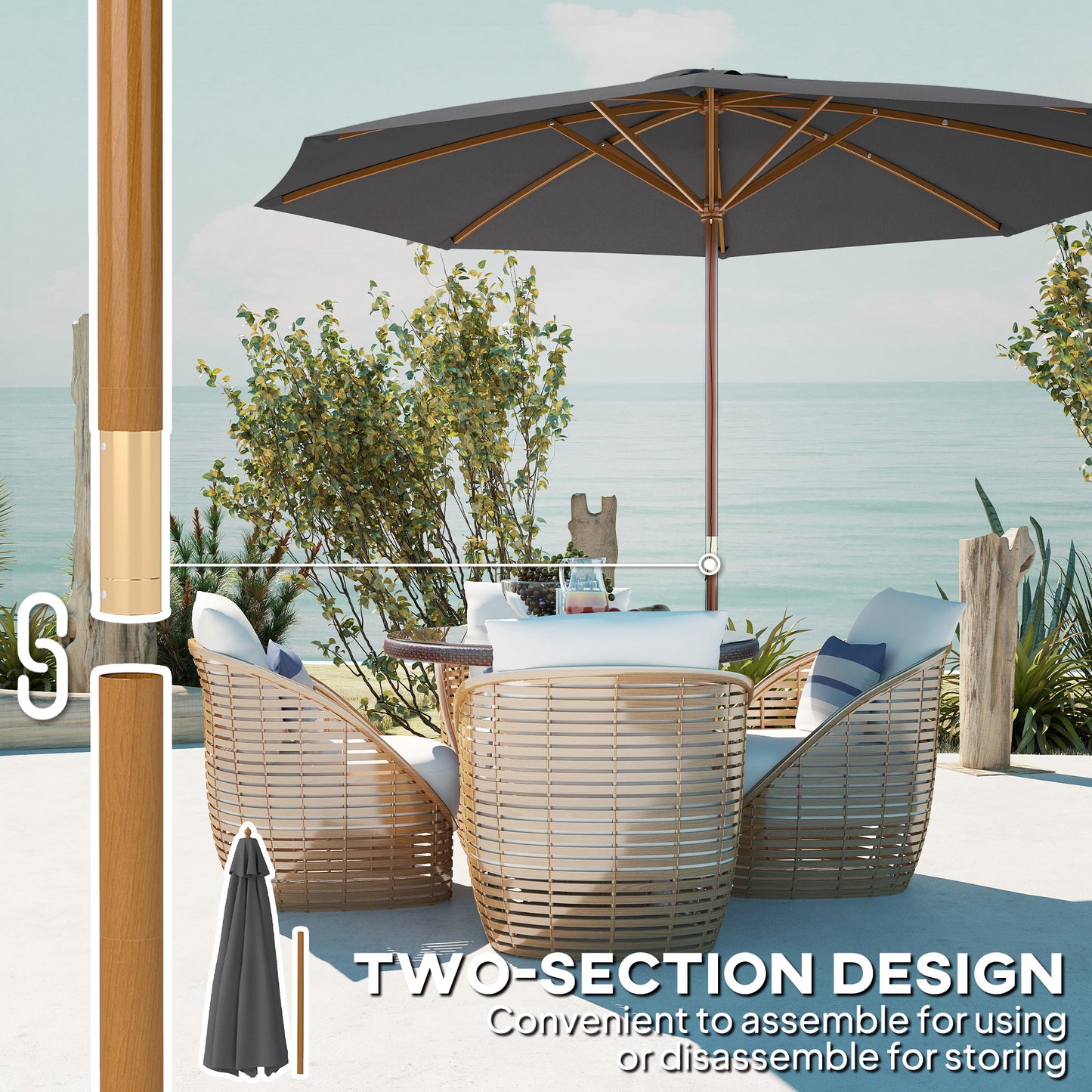 Outsunny 3m Parasol na słupku drewnianym - szary
