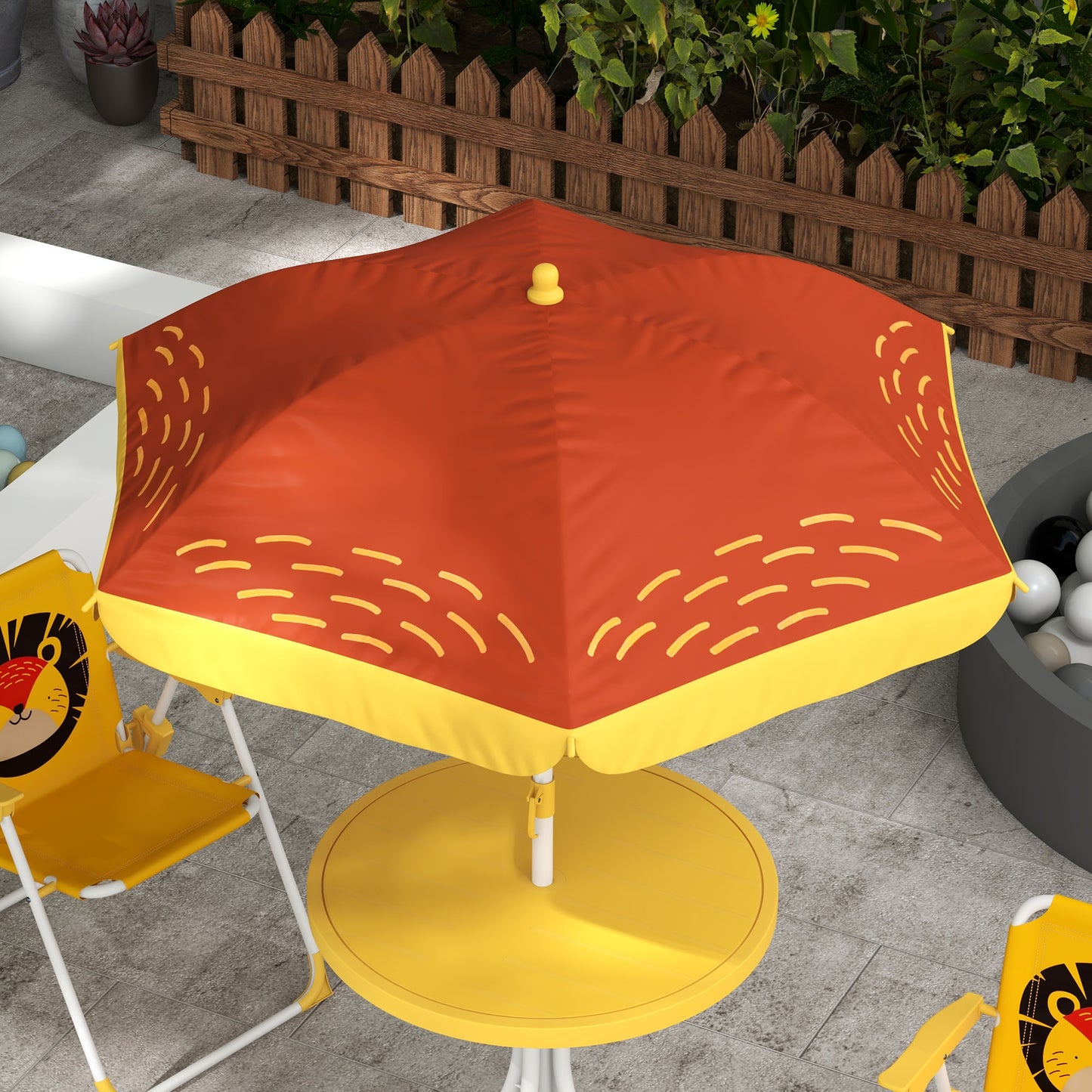 Zestaw piknikowy Outsunny Kids, stół i krzesła, meble ogrodowe z motywem lwa, składane krzesła, regulowany parasol - żółty