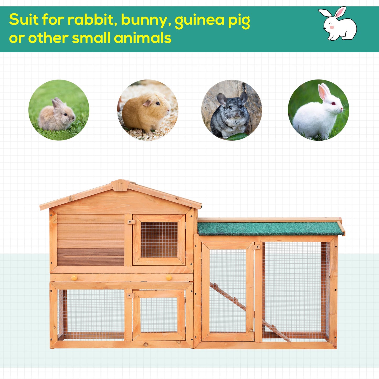 PawHut Rabbit 2-poziomowa klatka dla małych zwierząt z drewna jodłowego, klatka dla świnek morskich z rampą, brązowa