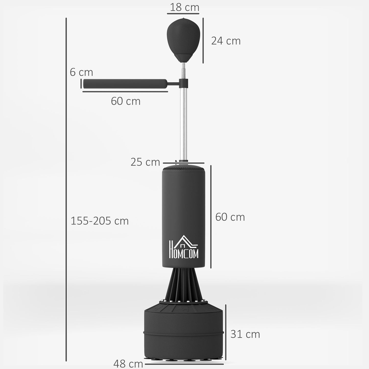 HOMCOM 155-205 cm 3 w 1 wolnostojący stojak na worek bokserski, trener szybkości boksu z obrotowym elastycznym ramieniem, piłka do ćwiczeń szybkości, wypełniana podstawa, czarny
