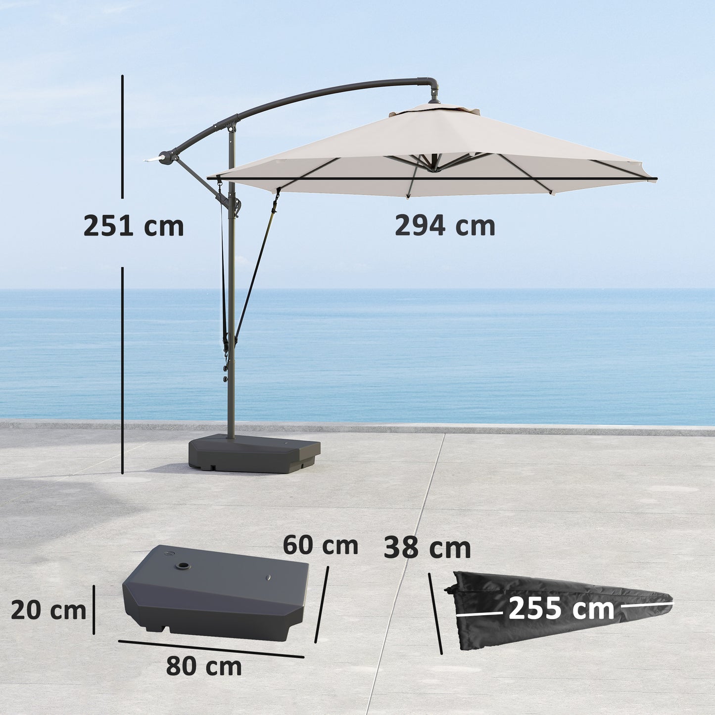 Outsunny 3(m) Parasol ogrodowy z wysięgnikiem i podstawą do napełniania do 90 kg, pasek chroniący przed wiatrem, pokrowiec, okrągły parasol wiszący typu banan z korbką i funkcją pochylania, parasol tarasowy UPF50+, kremowy