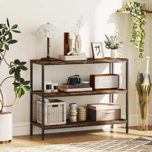 HOMCOM 3-Tier Console Table with Storage Shelves - Rustic Brown