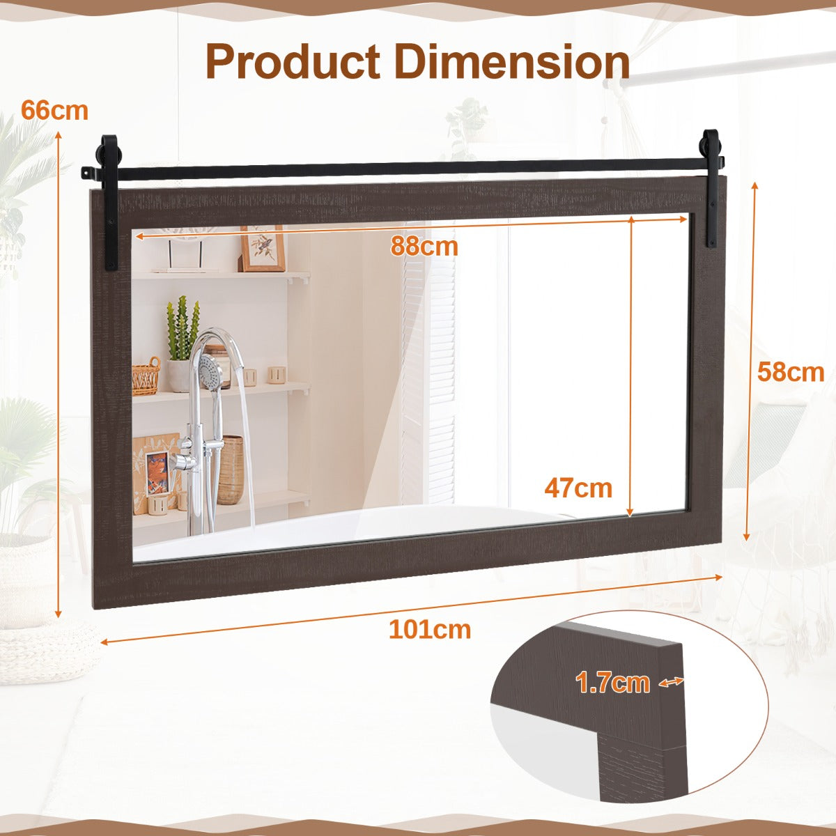 Farmhouse Bathroom Wall Mirro with Fir Wood Frame-Walnut