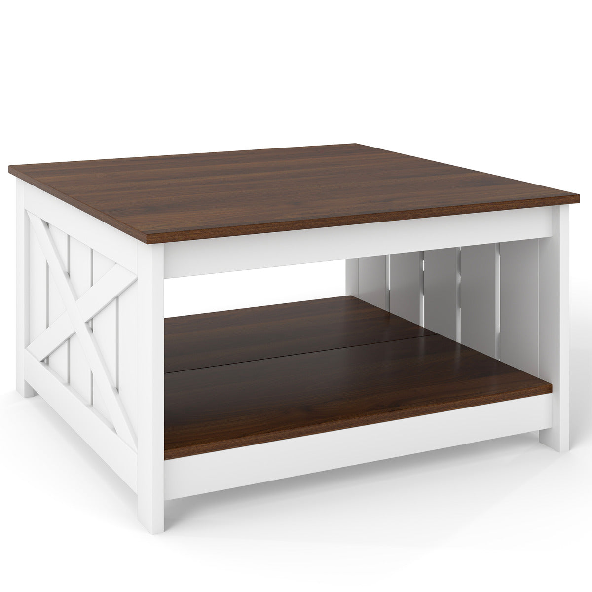 Farmhouse Coffee Table with Storage Shelf and Open Compartment-White