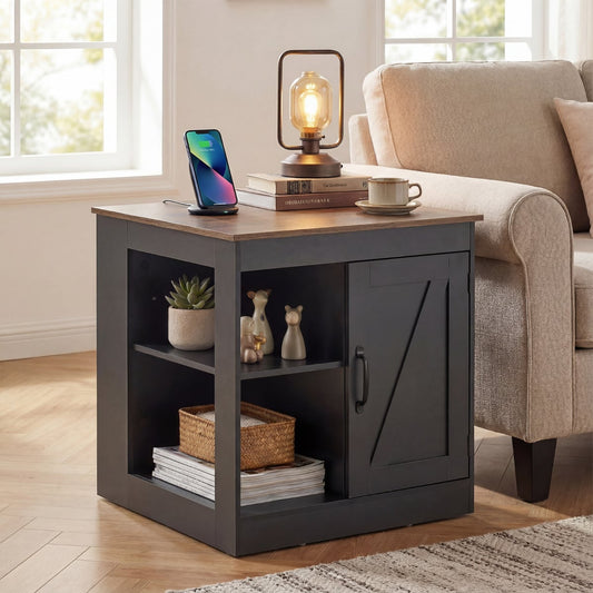 Farmhouse Nightstand with Charging Station Bedside Table with Adjustable Shelf-Black