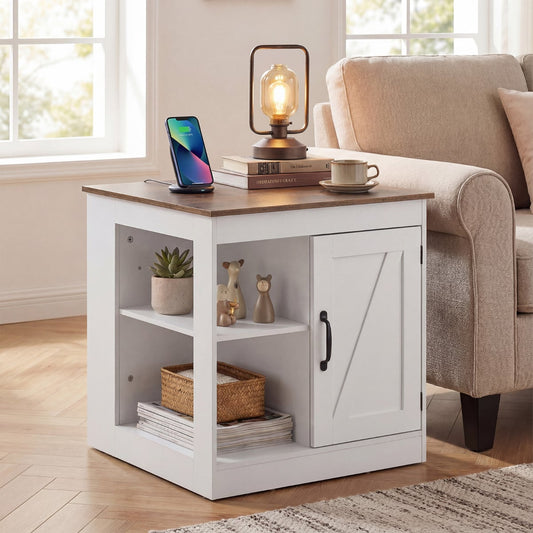 Farmhouse Nightstand with Charging Station Bedside Table with Adjustable Shelf-White