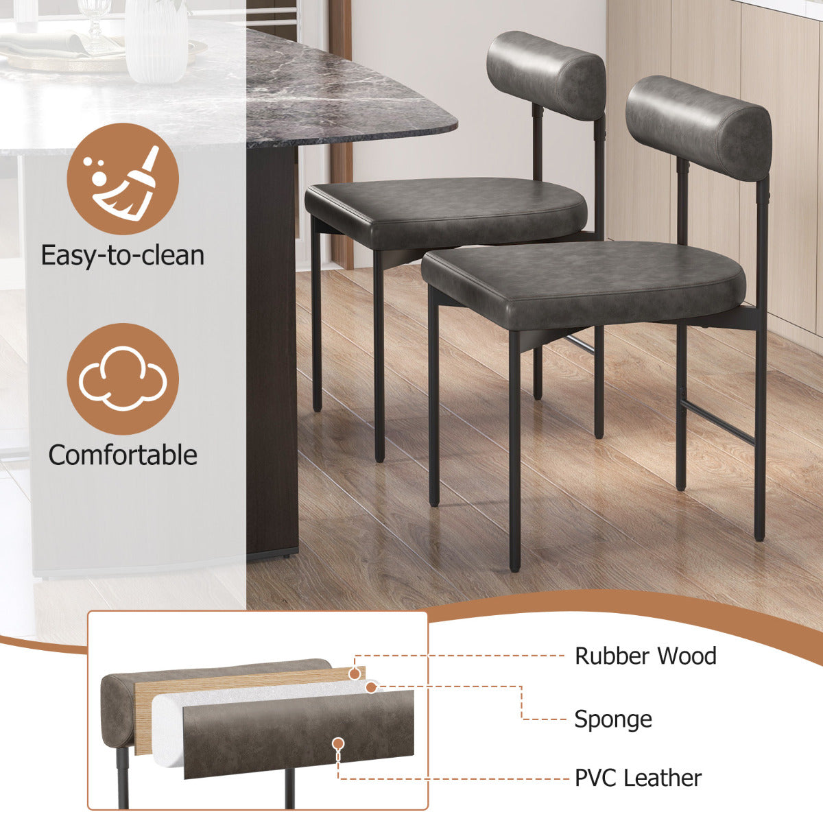 Faux Leather Upholstered Kitchen Side Chair with Curved Set of 4-Grey