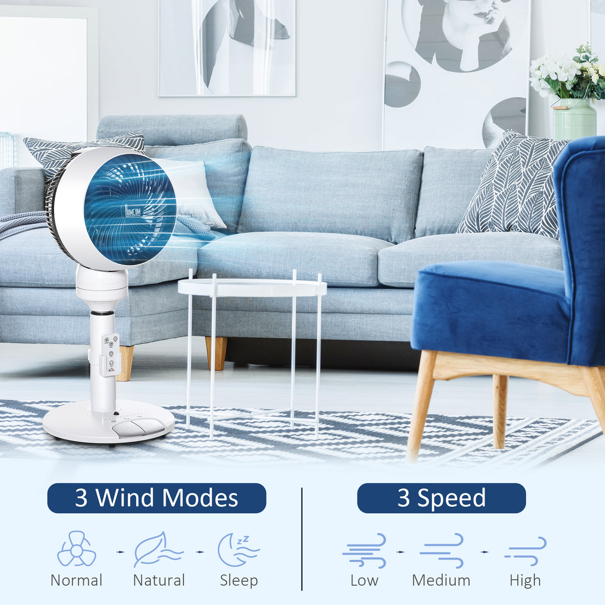 HOMCOM 9'' Air Circulator Fan 3 Speed 3 Mode, 70° Oscillation 90° Vertical Tilt, Height Adjustable, Remote Controller, for Living Room, Bedroom, Office, Black and White