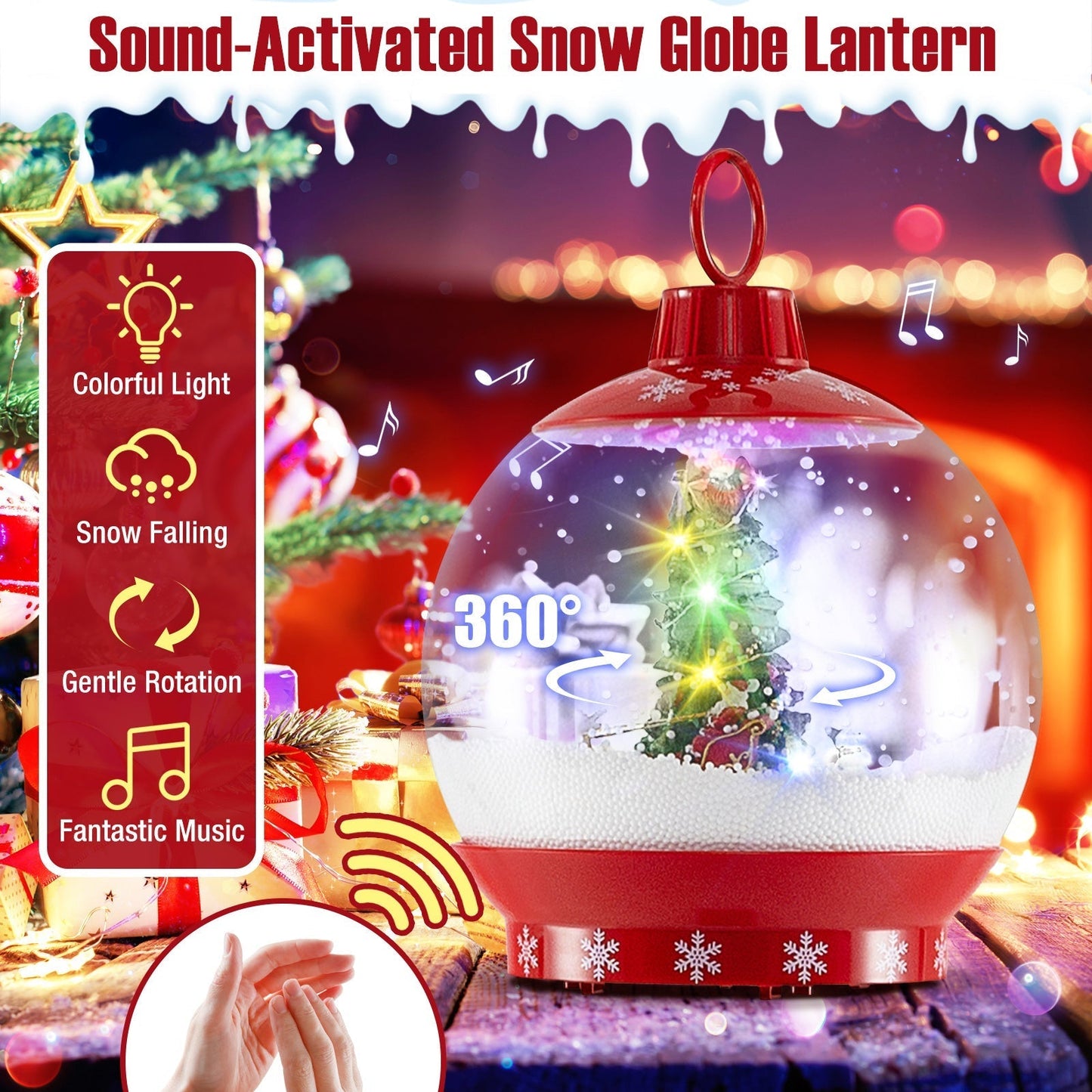 68 Inch Christmas Lamp Post with Sound-Activated Snow Globe Lantern-Red