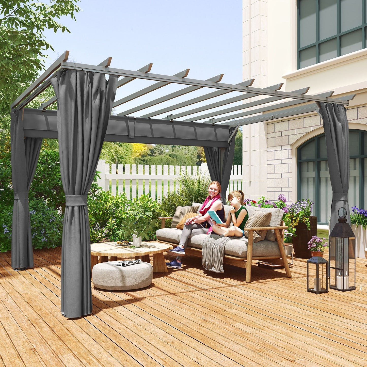 Outsunny 3,6 x 3(m) Pergola zewnętrzna z chowanym dachem i zasłonami, zadaszenie altany ogrodowej z aluminiową ramą, ciemnoszary