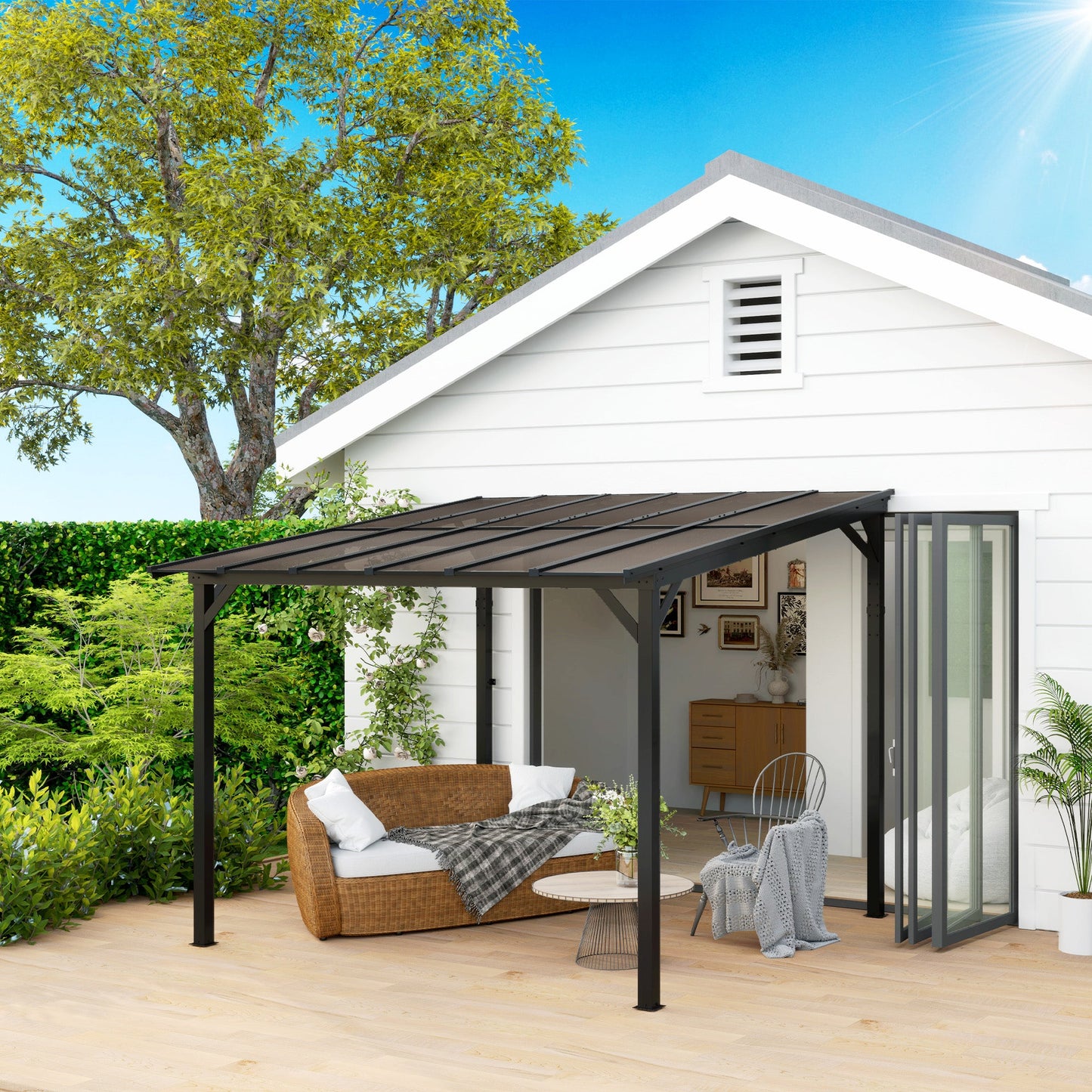 Outsunny 3 x 3(m) Metalowa pergola z UPF 50+ i wodoodpornym dachem z poliwęglanu, montowana na ścianie lub wolnostojąca altana ogrodowa, wiatroodporna osłona przeciwsłoneczna na zewnątrz, ciemnoszara