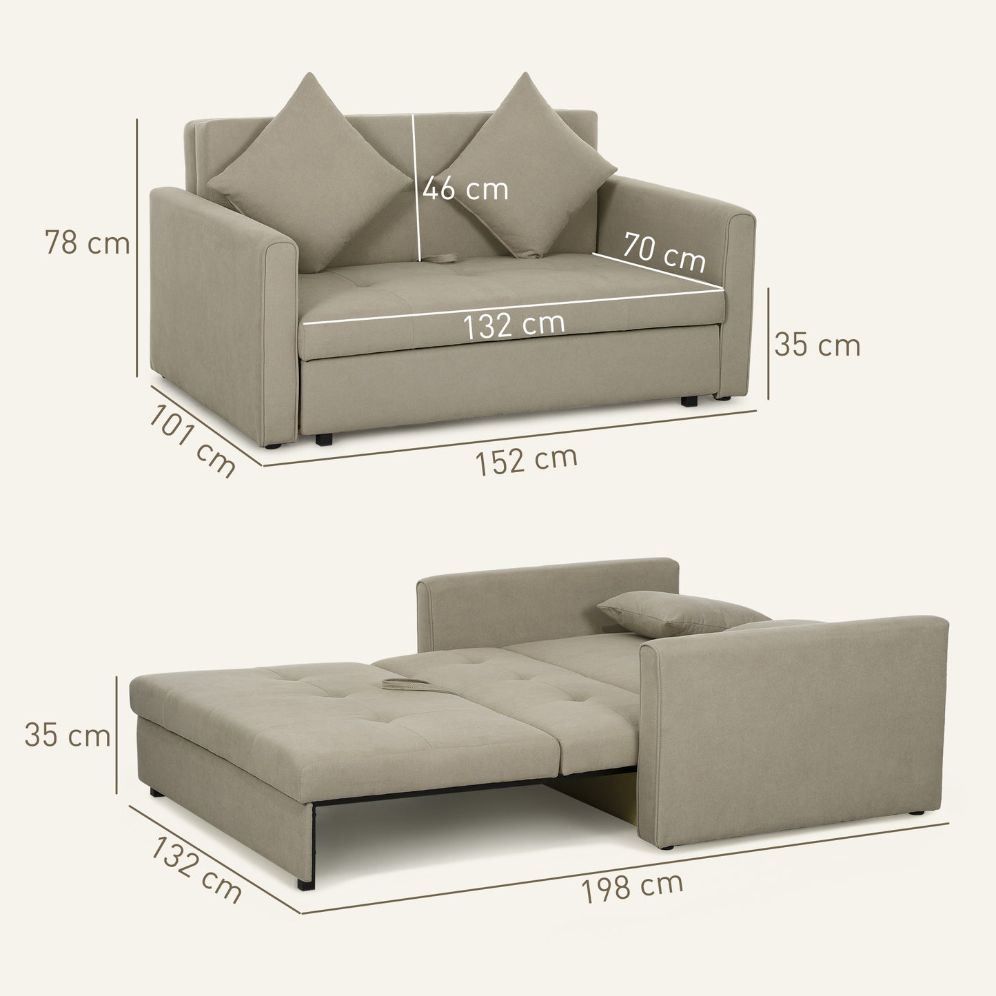 HOMCOM 2 Seater Sofa Bed, Convertible Bed Settee, Modern Velvet Loveseat Sofa Couch with 2 Cushions, Hidden Storage for Living Room, Guest Room, Light Brown