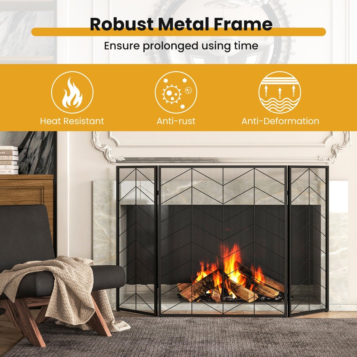 3-Panel Folding Spark Guard with Chevron Herringbone Pattern