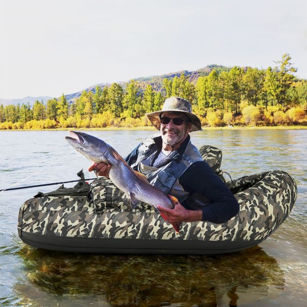 Inflatable dinghy with fish ruler & rod holder & paddle fishing boat camouflage