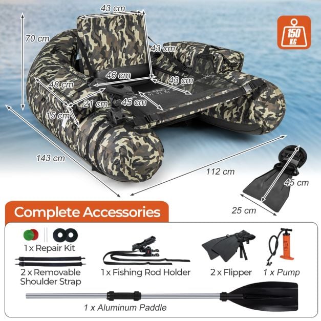 Inflatable dinghy with fish ruler & rod holder & paddle fishing boat camouflage