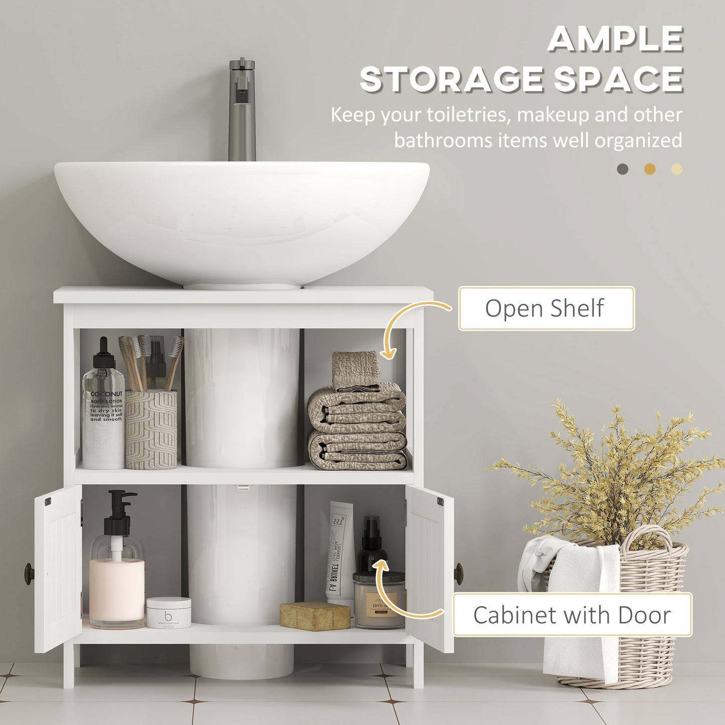 kleankin Pedestal Under Sink Cabinet with Double Doors, Modern Bathroom Vanity Storage Unit with Shelves, White