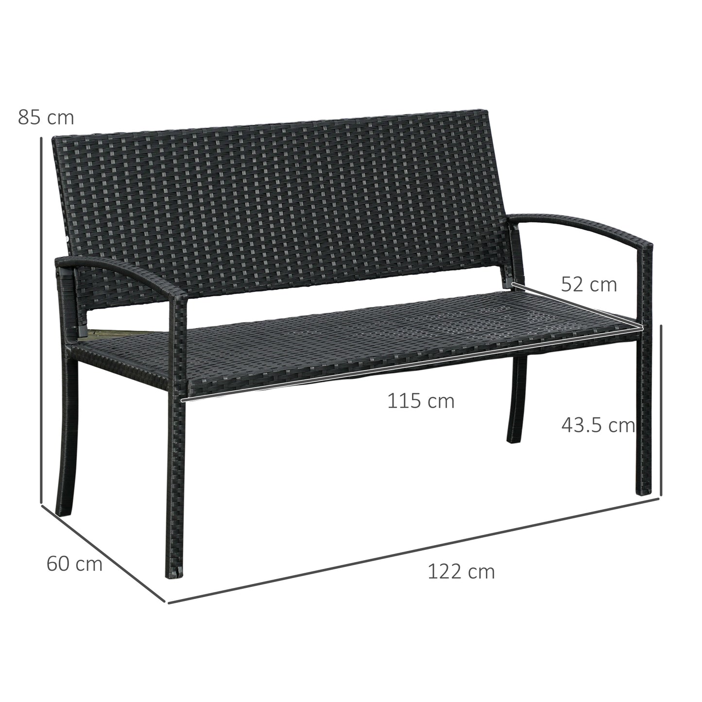 Outsunny Patio Rattan 2-osobowa ławka ogrodowa z wikliny pleciona kanapa z fotelem ogrodowym krzesło ogrodowe w kolorze czarnym