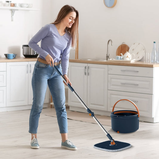 Flat Floor Mop and Bucket System with Washable Microfiber Pads-Navy
