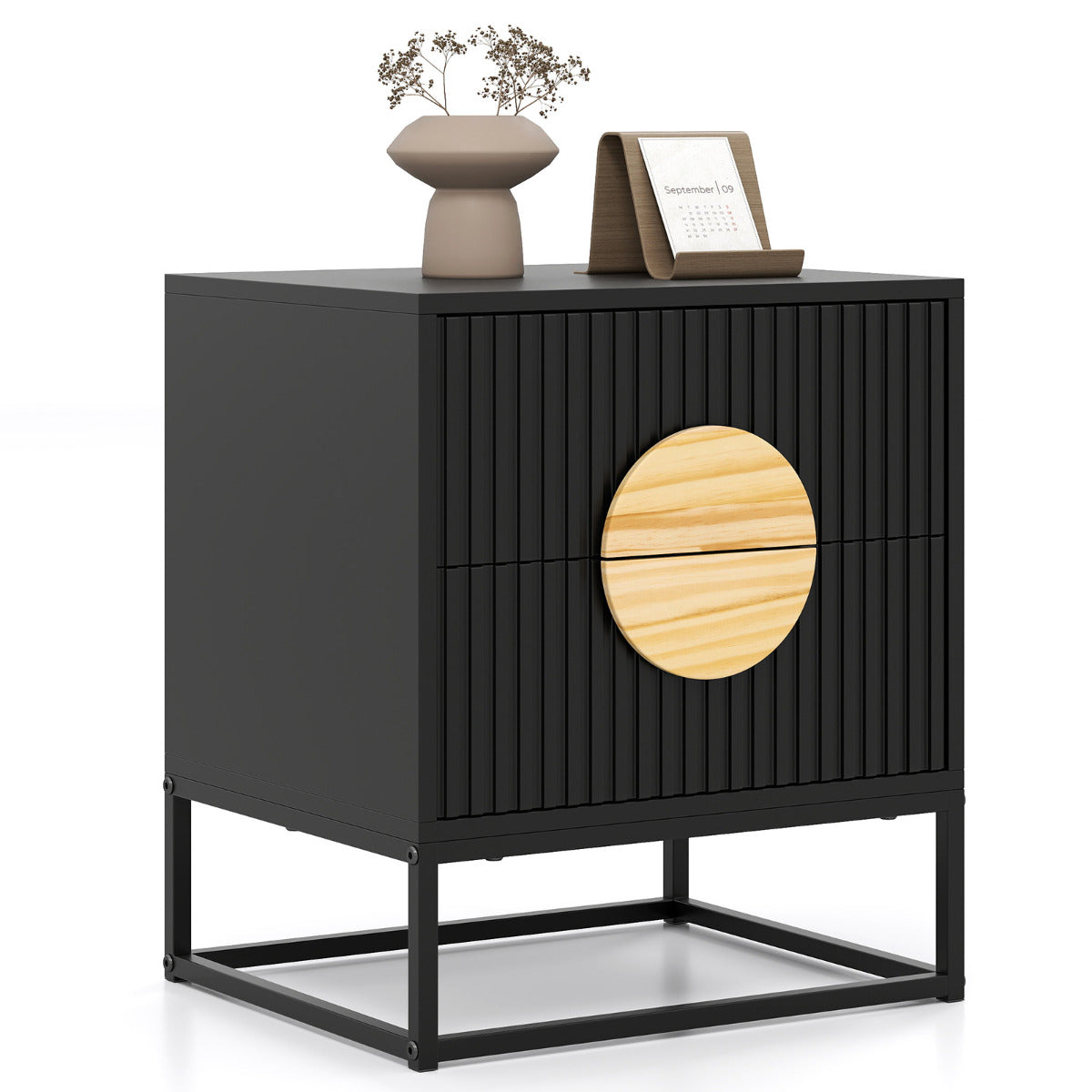 Fluted Nightstand Modern Mid Century Side Table-Black