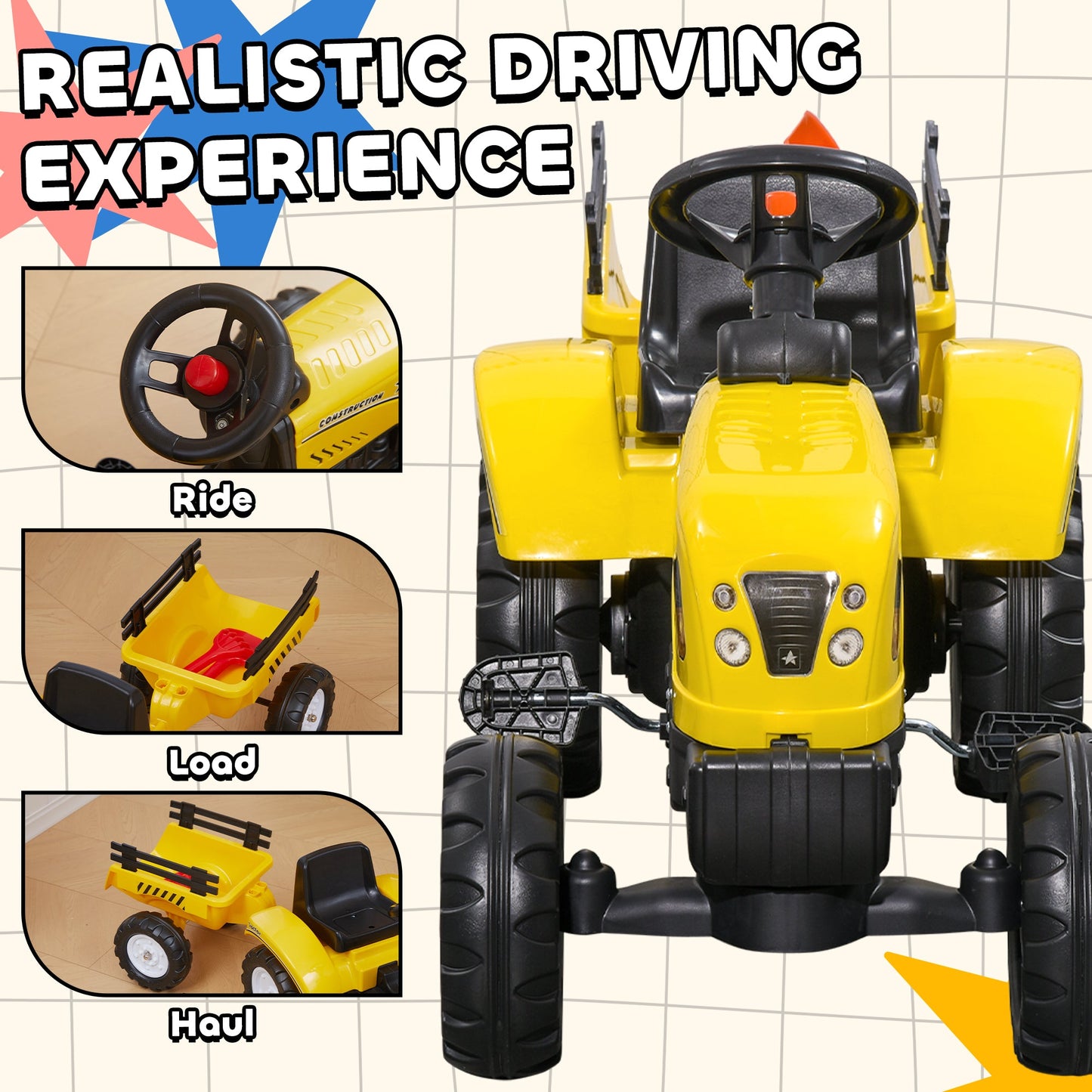 Gokart na pedały HOMCOM, dziecięcy traktor z przyczepą, łopatą i grabiami, klaksonem, czterokołowy traktor dla małych dzieci