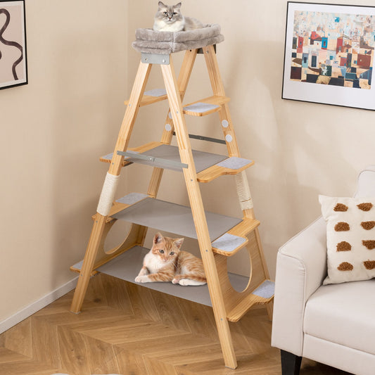 Foldable Cat Climbing Furniture with Ladder Design and Upholstered Top Perch-Grey