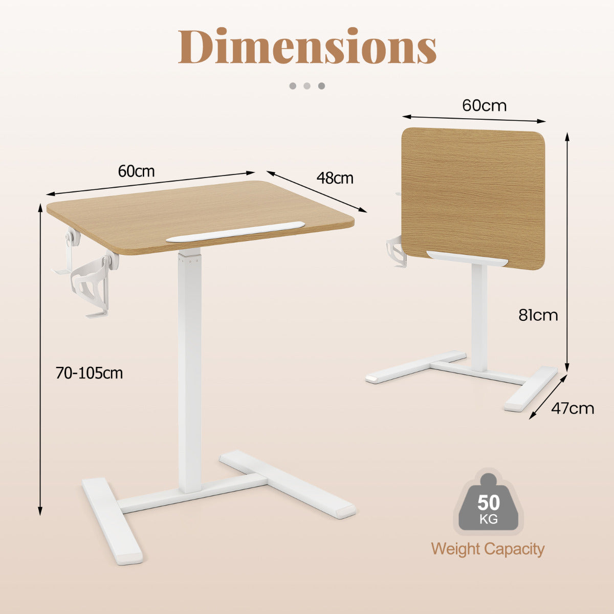 Foldable Mobile Standing Desk Rolling Laptop Desk with 90° Tiltable Tabletop-Natural