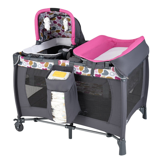 Foldable Pack and Play Portable Baby Playard with Rocking Bassinet and Diaper Changing Table-Pink