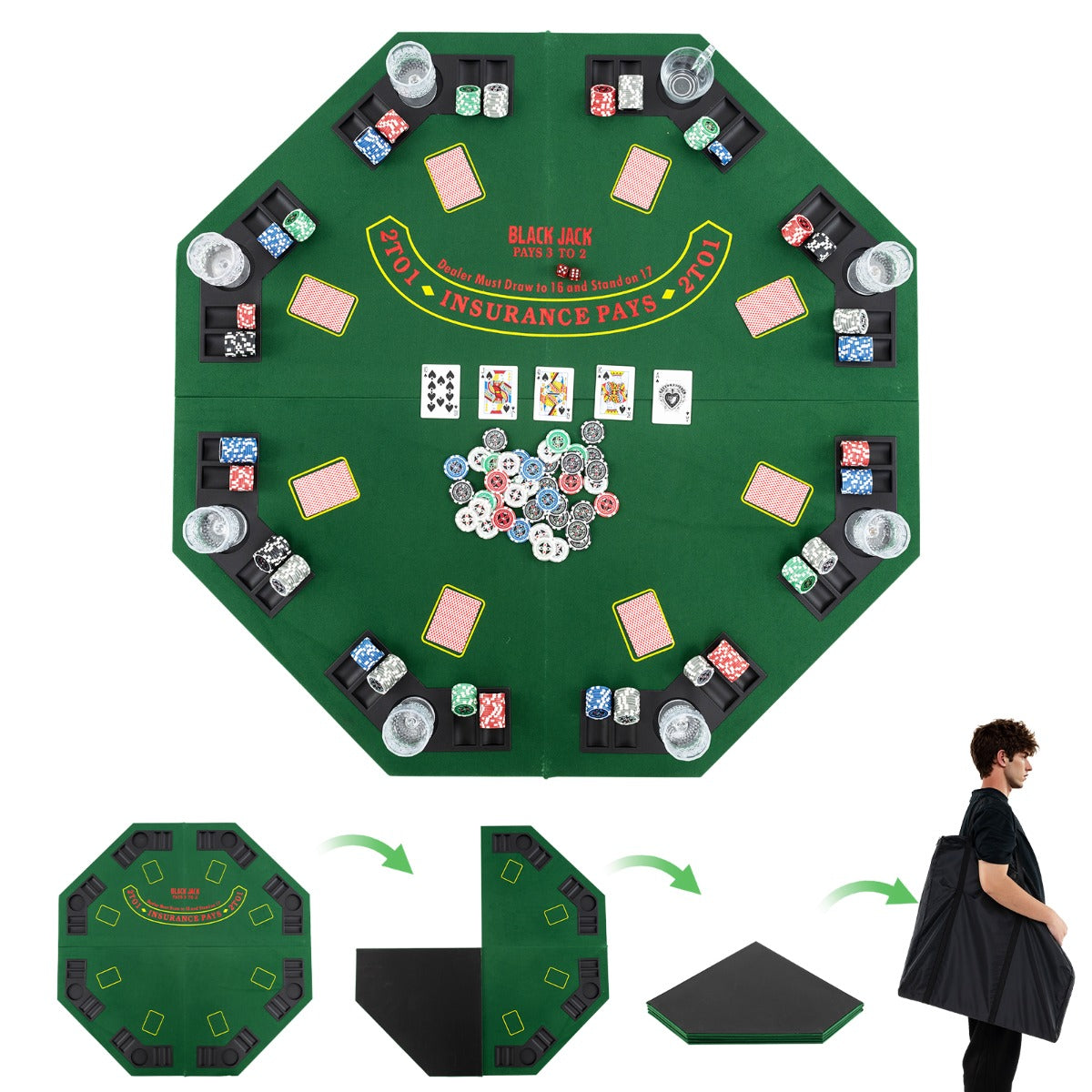 120CM 8-Player Foldable Poker Table Top with Carrying Bag-Green