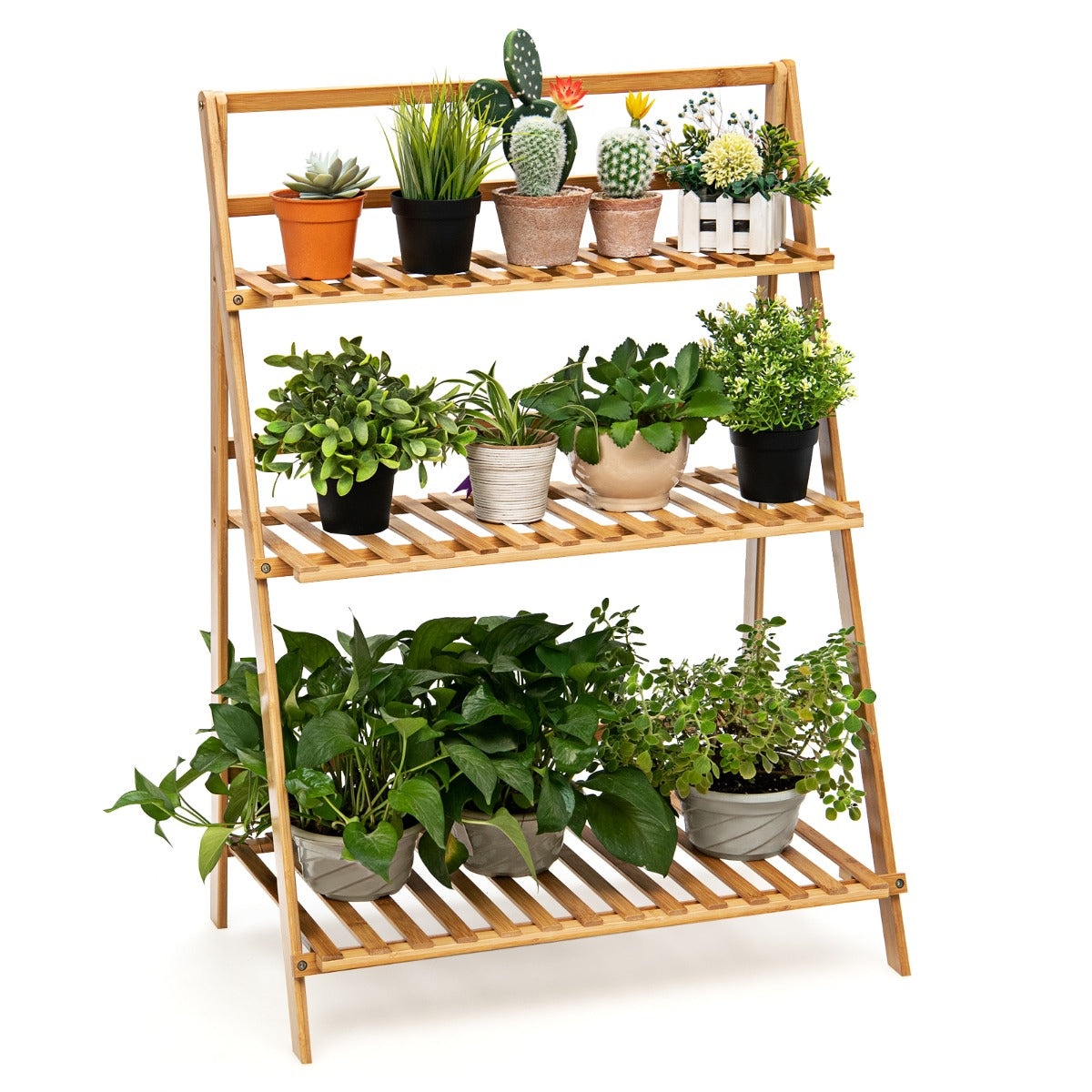 Folding Bamboo Plant Stand for Living Room Patio Garden Balcony Porch-Natural