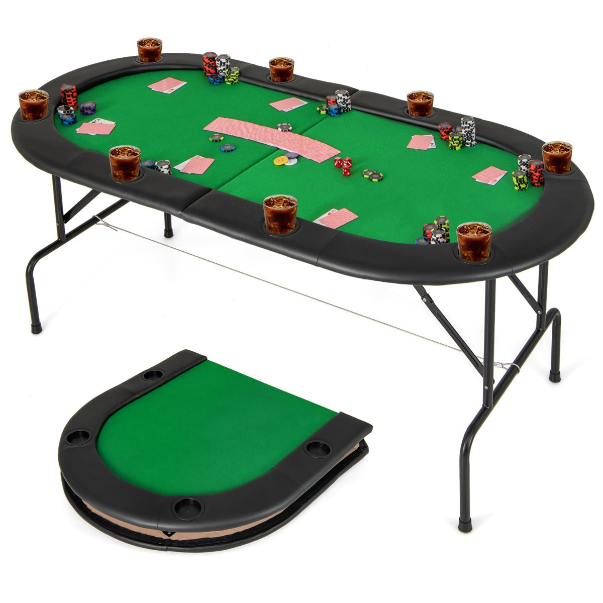 Folding Cardboard Game Table with 8 Cup Holders and Comfy Armrests-Green