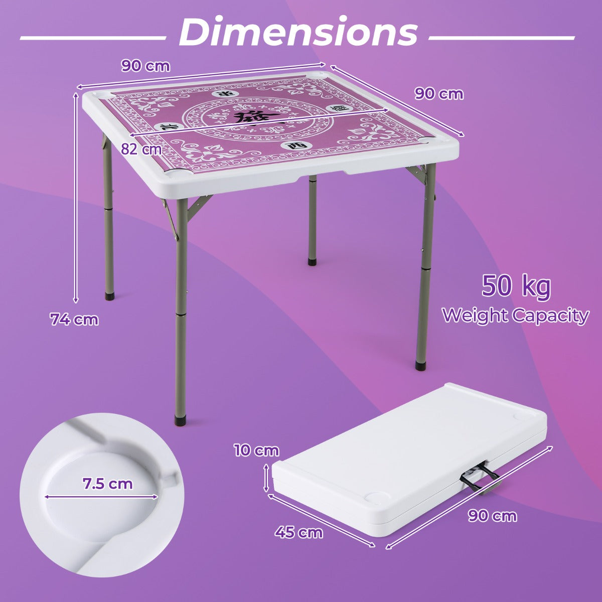 Folding Mahjong Table with Cup Holders and Removable Game Mat-Pink