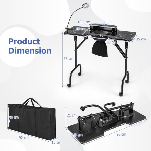 Portable Folding Manicure Nail Table with Electric Dust Collector-Black