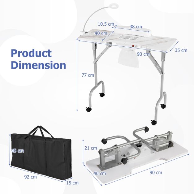 Portable Folding Manicure Nail Table with Electric Dust Collector-White