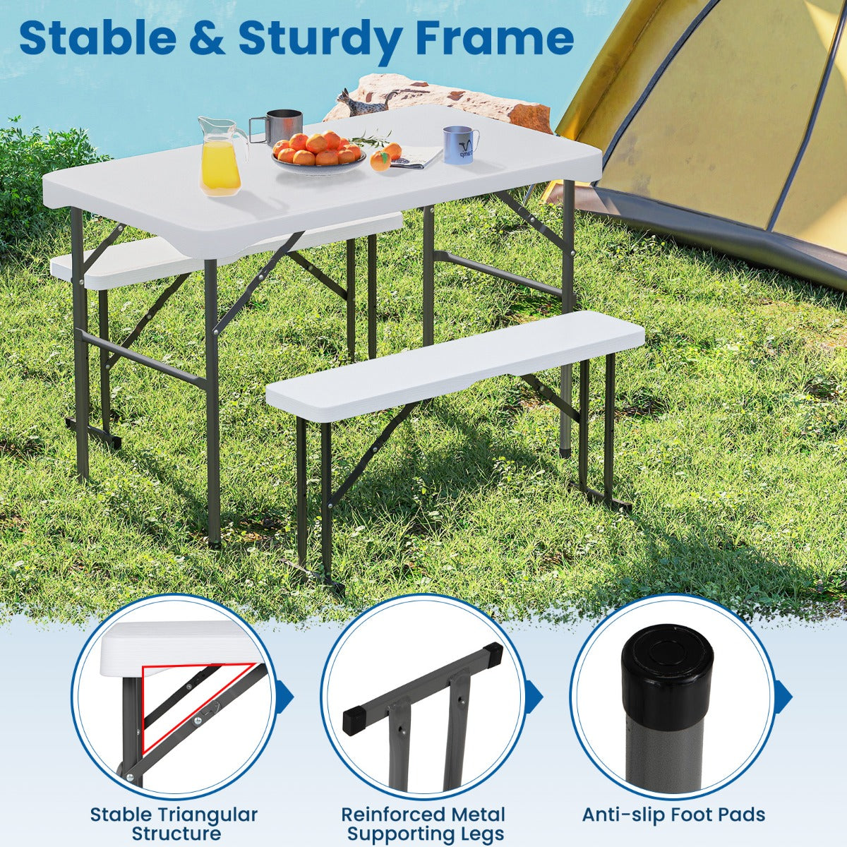 Folding Picnic Table Bench Set with Wood Grain HDPE Tabletop-White