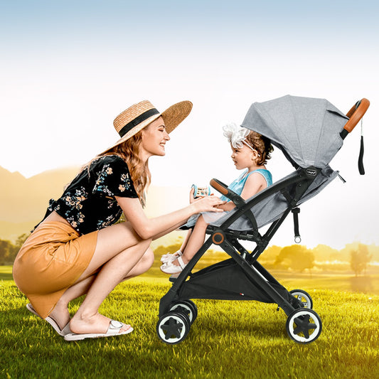 Folding Pushchair with Adjustable Backrest and Footrest-Grey