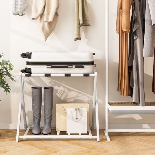Folding Suitcase Stand with Storage Shelf for Guest Room Bedroom-White