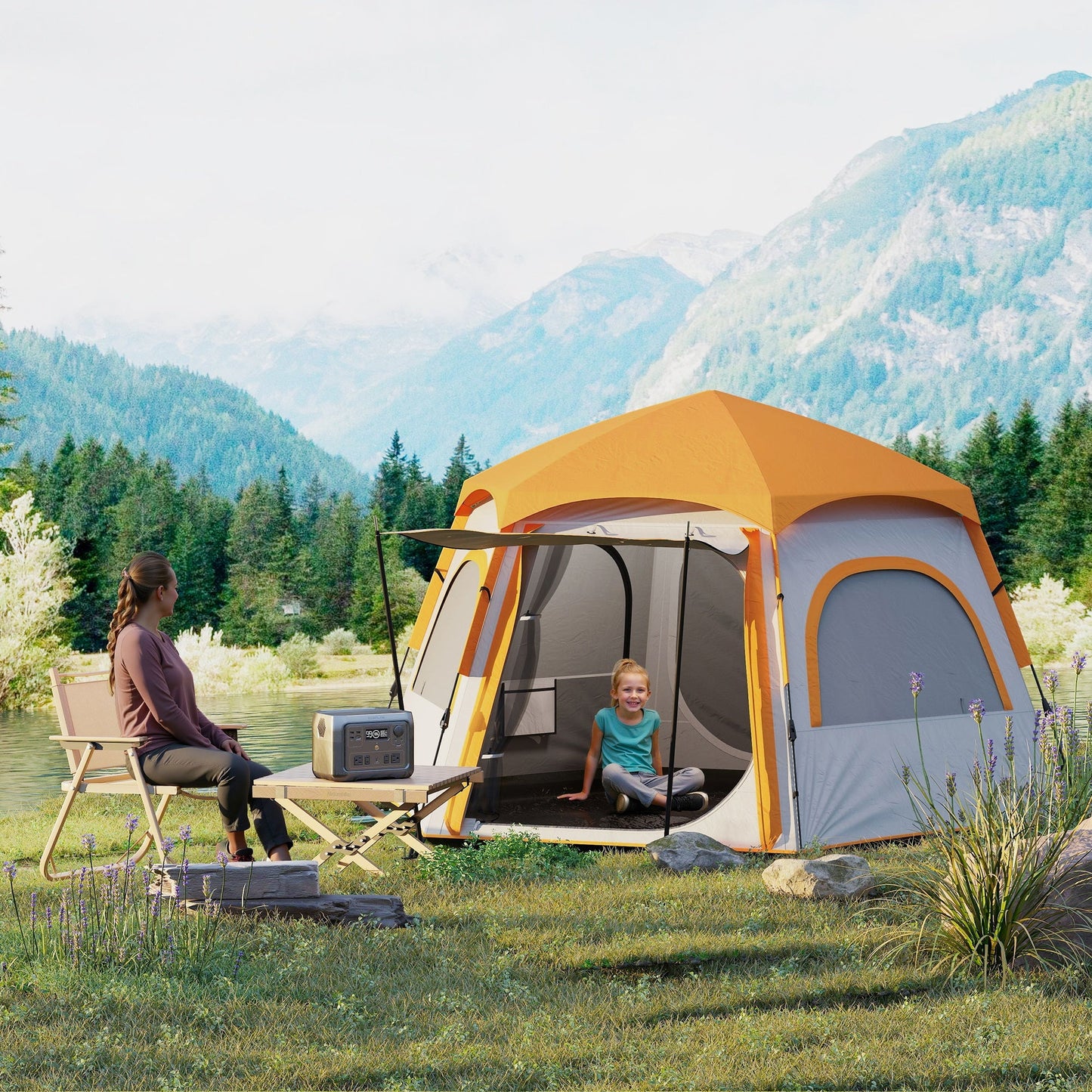 Outsunny Instant Pop Up Camping Tent, 2/3/4 osobowy, łatwy w rozkładaniu namiot rodzinny z przedsionkiem, tropikiem, 4 oknami z siatki i 2 drzwiami, sześciokątny design, wodoodporny i z ochroną UV, jasnoszary