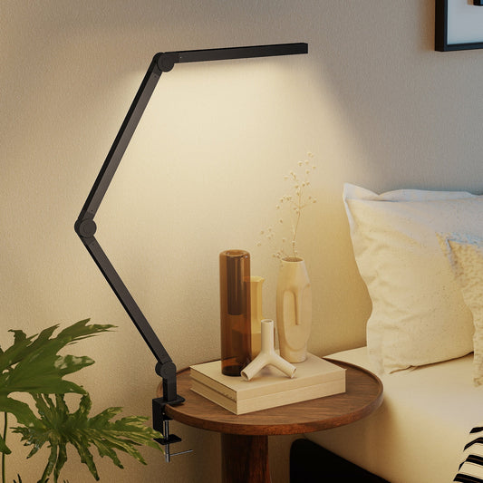 HOMCOM LED Desk Lamp, Dimmable Desk Light with Swing Arm and Clamp, Adjustable Eye-Caring Table Lamp with 2 Colour Modes & 5 Brightness Levels for Study, Drawing, Office, Architect, Task, Black