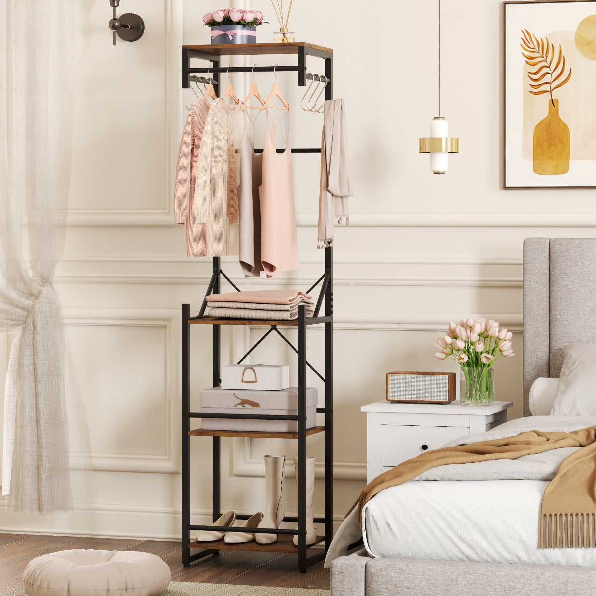Freestanding Coat Rack Slim Hall Tree with 4 Storage Shelves-Rustic Brown